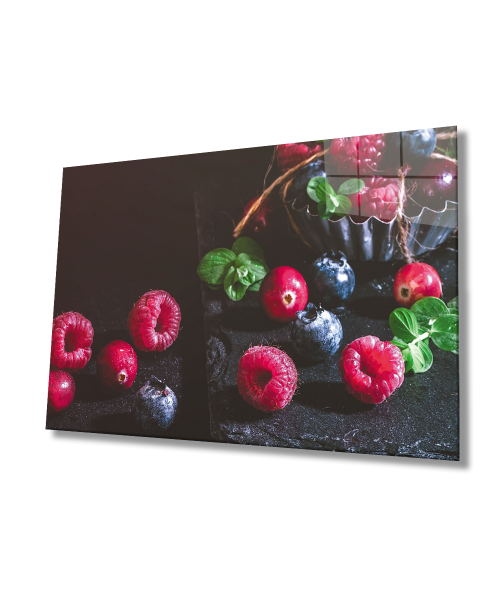 Kırmızı Mor Meyveler Cam Tablo  4mm Dayanıklı Temperli Cam Red Purple Fruits Glass Wall Art