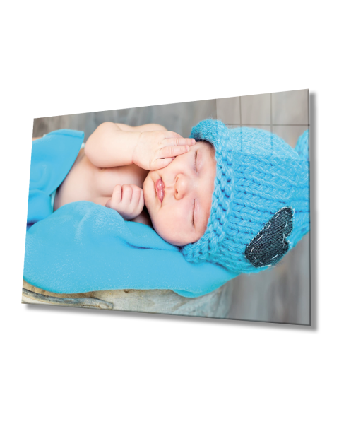 Mavi Şapkalı Bebek Cam Tablo  4mm Dayanıklı Temperli Cam Baby Glass Table With Blue Hat 4mm Durable Tempered Glass