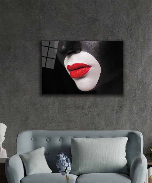 Kadınlar Siyah Yüz Kırmızı Dudak Cam Tablo  4mm Dayanıklı Temperli Cam, Women Black Face Red Lip Glass Wall Art