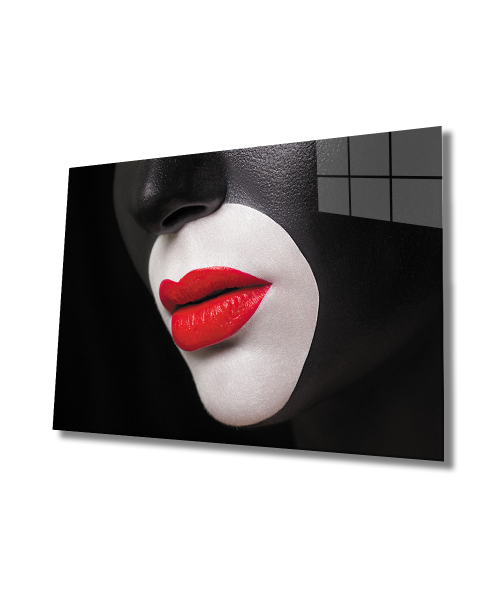 Kadınlar Siyah Yüz Kırmızı Dudak Cam Tablo  4mm Dayanıklı Temperli Cam, Women Black Face Red Lip Glass Wall Art