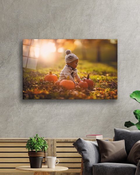 Balkabaklarıyla Bebek Cam Tablo  4mm Dayanıklı Temperli Cam Baby Glass Table With Pumpkins 4mm Durable Tempered Glass