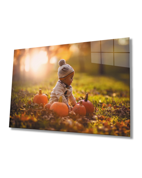 Balkabaklarıyla Bebek Cam Tablo  4mm Dayanıklı Temperli Cam Baby Glass Table With Pumpkins 4mm Durable Tempered Glass