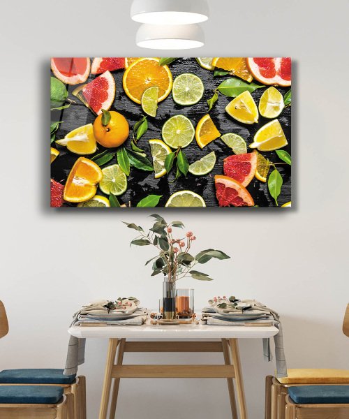 Dilimlenmiş Meyveler Mutfak  Cam Tablo  4mm Dayanıklı Temperli Cam Sliced ​​Fruits Kitchen Glass Wall Art