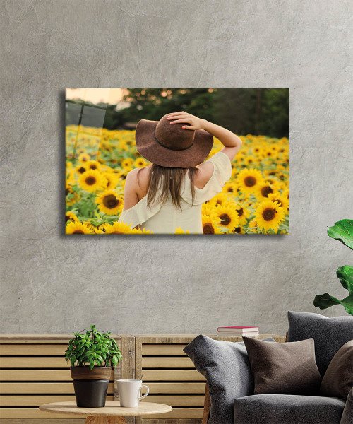 Ayçiçeği ve Kadın Cam Tablo  4mm Dayanıklı Temperli Cam, Sunflower Glass Wall Decor