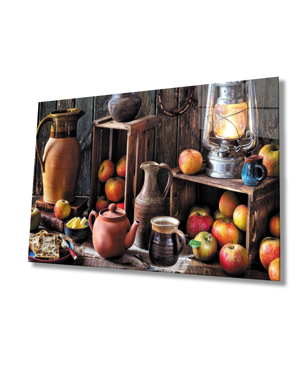 Cam Tablo  4mm Dayanıklı Temperli Cam Fruits Apple Still Life Kitchen Glass Wall Art