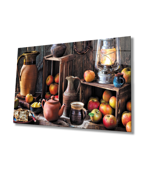 Cam Tablo  4mm Dayanıklı Temperli Cam Fruits Apple Still Life Kitchen Glass Wall Art