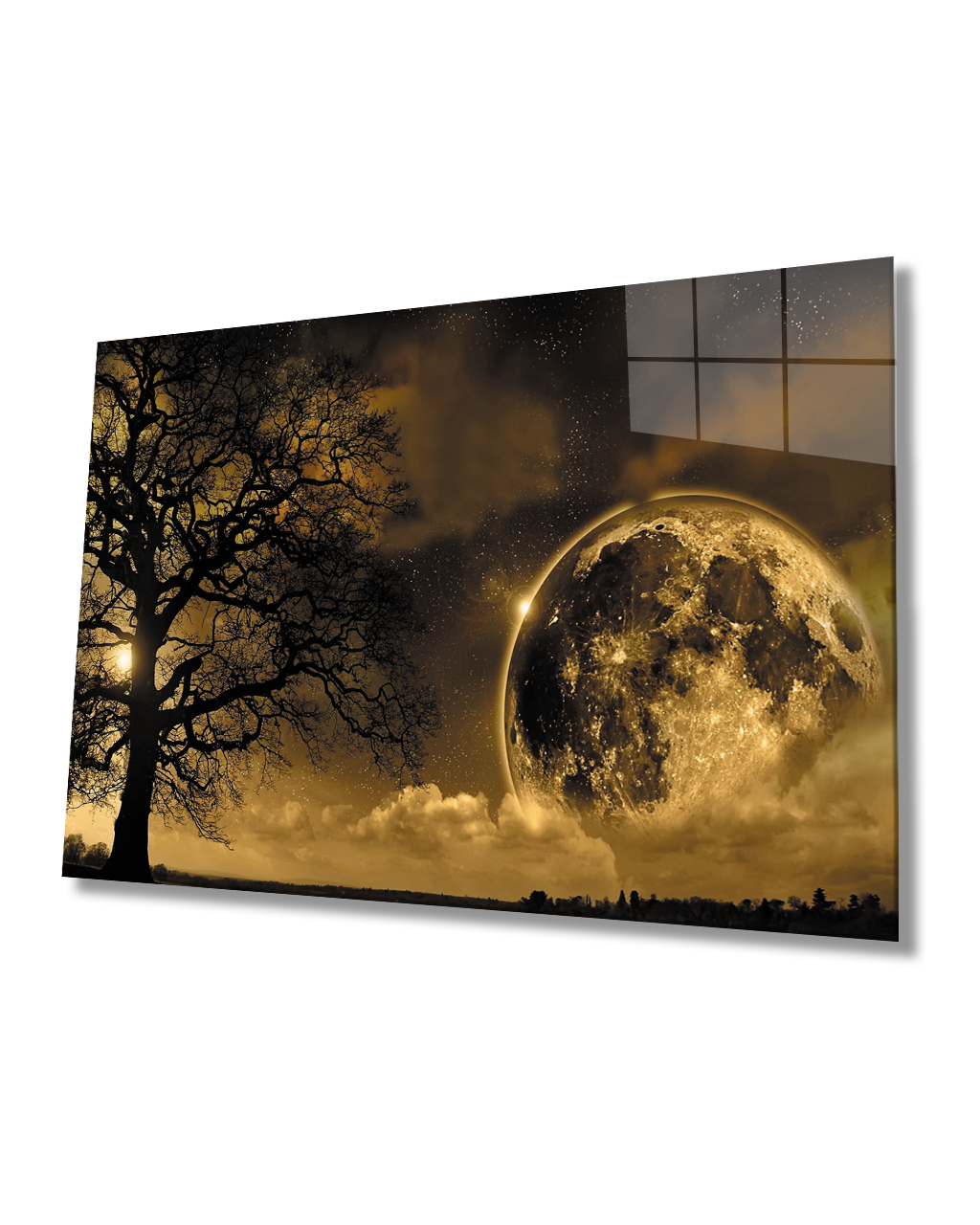 Dünya Ay Ağaç Gece Manzaralı Fütüristik Cam Tablo  4mm Dayanıklı Temperli Cam Earth Moon Tree Night View Futuristic Glass Painting 4mm Durable Tempered Glass