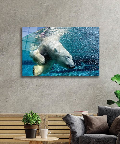 Beyaz Ayı Cam Tablo  4mm Dayanıklı Temperli Cam, White Bear In Sea Glass Wall Art