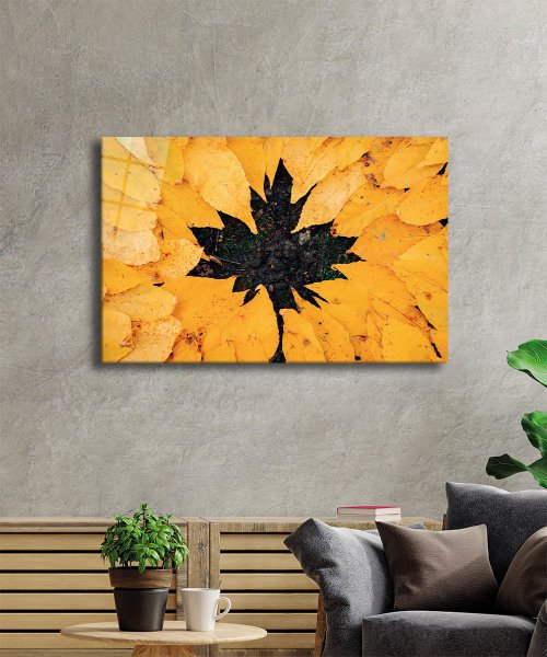 Sarı Yapraklar Cam Tablo  4mm Dayanıklı Temperli Cam, Yellow Leaves Glass Wall Decor