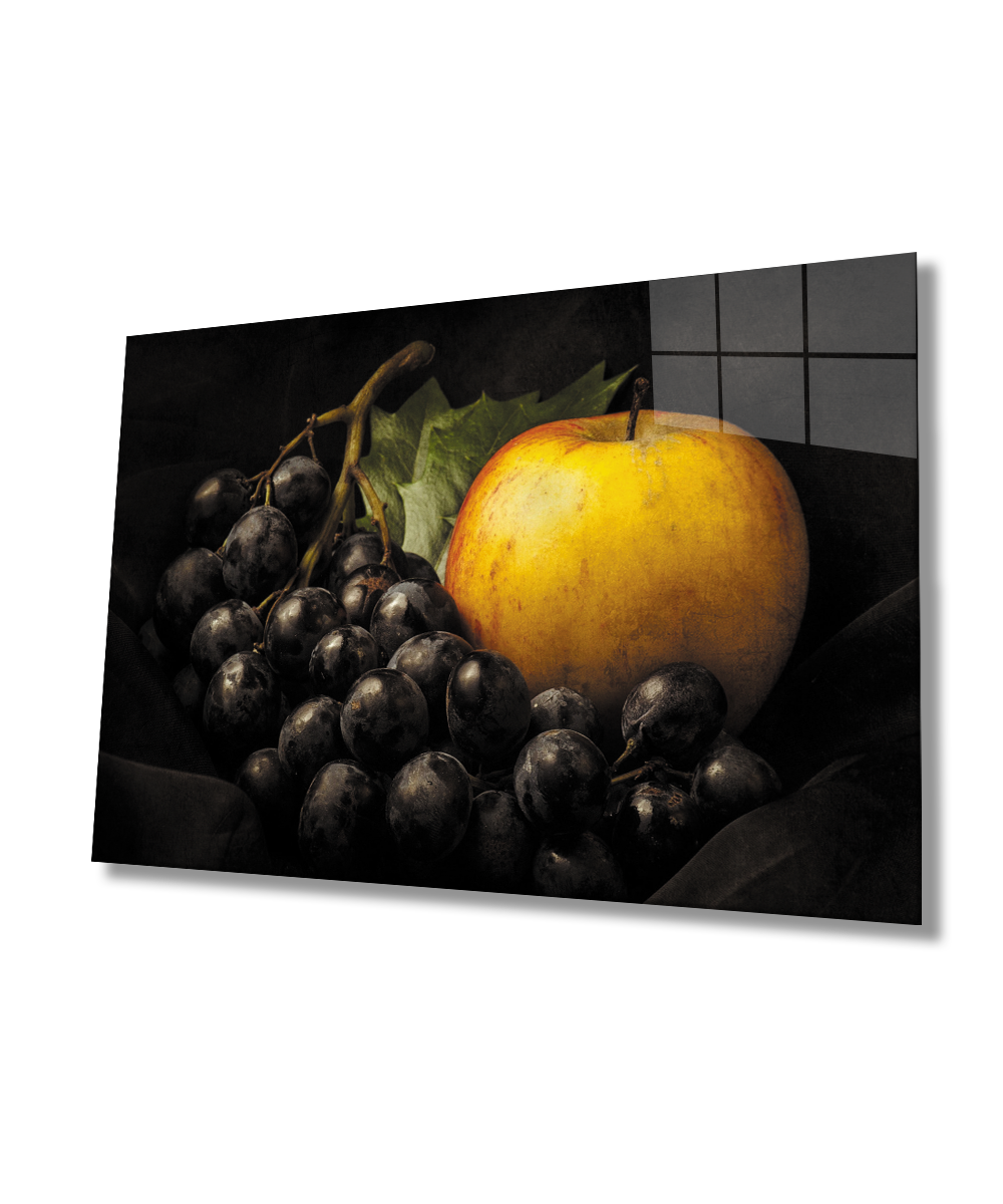 Üzüm Elma Natürmort Mutfak  Cam Tablo  4mm Dayanıklı Temperli Cam Grape Apple Still Life Kitchen Glass Wall Art