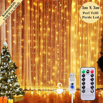 Peri Telli Perde Led Işık Kumandalı 300 Ledli  3 x 3 metre Usb'li 8 Animasyonlu Günışığı