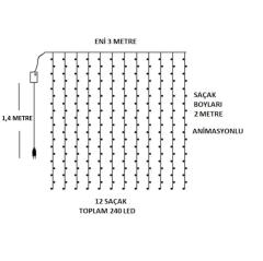 3x2 Metre Perde Led Animasyonlu 12 Saçaklı 240 Ledli Fişli Eklenebilir 8 Fonksiyonlu