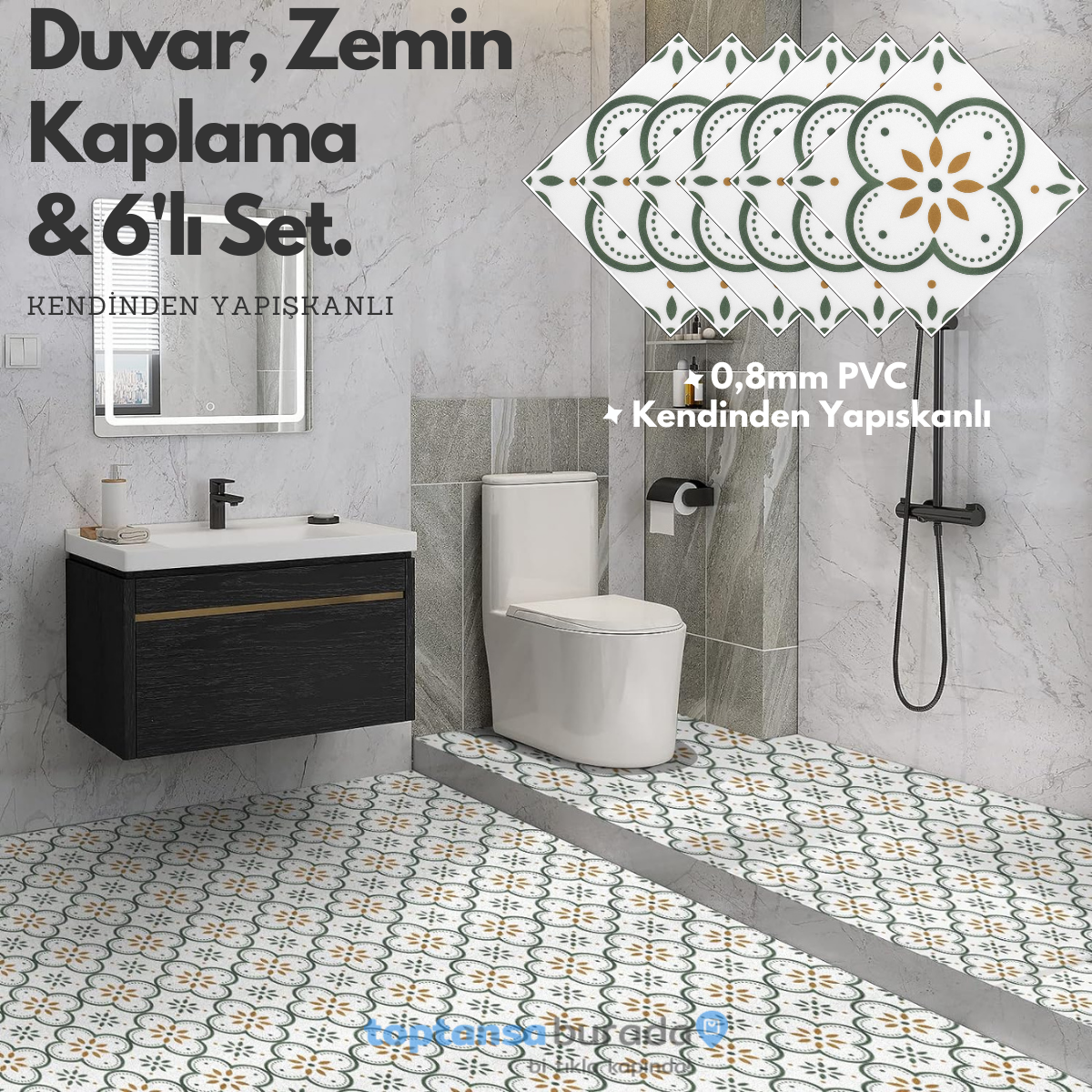 TechnoSmart 6Adet 20cm×20cm Kendinden Yapışkanlı Duvar Kaplama Mutfak Banyo PVC Sticker Dekorasyon