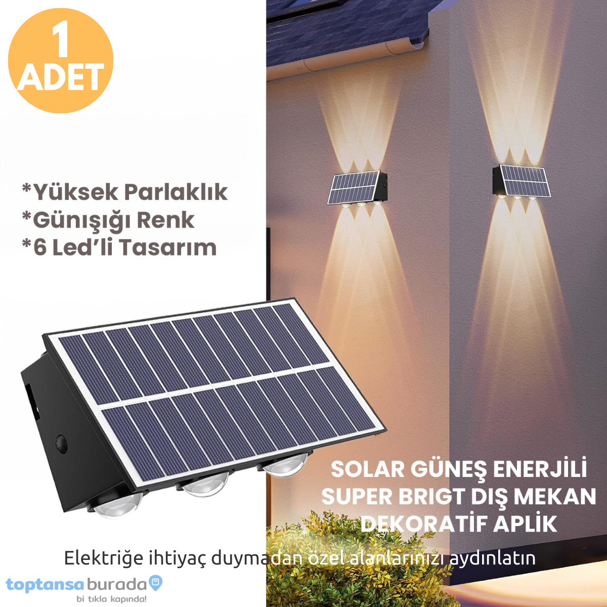 TechnoSmart 1Adet Güneş Enerjili Çift Taraflı 6 Ledli Aplik Sarı Işık Duvar Lambası Bahçe Aydınlatma