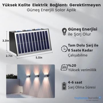 TechnoSmart 1Adet Güneş Enerjili Çift Taraflı 6 Ledli Aplik Sarı Işık Duvar Lambası Bahçe Aydınlatma