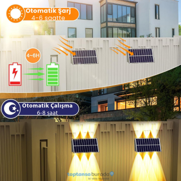 TechnoSmart 1Adet Güneş Enerjili Çift Taraflı 6 Ledli Aplik Sarı Işık Duvar Lambası Bahçe Aydınlatma
