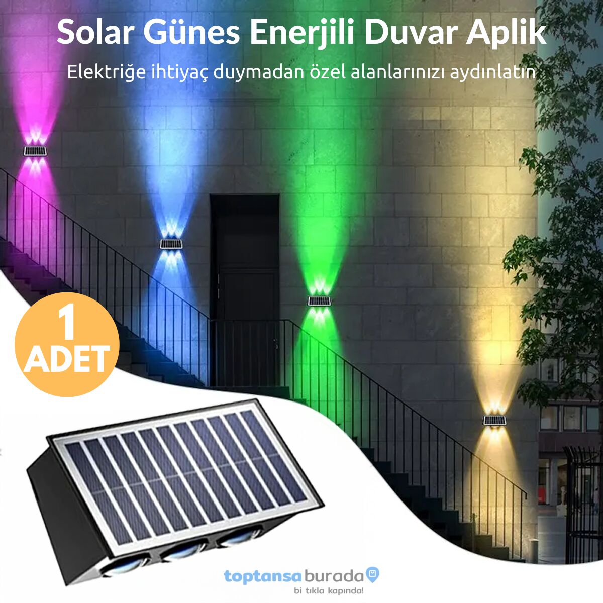 TechnoSmart 1Adet Güneş Enerjili Çift Taraflı 6 Ledli Aplik RGB Işık Duvar Lambası Bahçe Aydınlatma