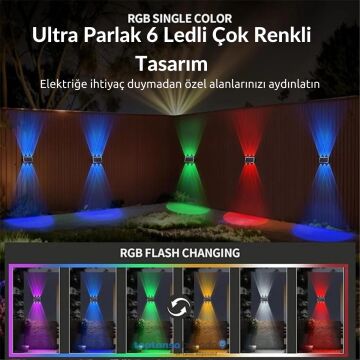 TechnoSmart 1Adet Güneş Enerjili Çift Taraflı 6 Ledli Aplik RGB Işık Duvar Lambası Bahçe Aydınlatma