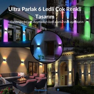 TechnoSmart 1Adet Güneş Enerjili Çift Taraflı 6 Ledli Aplik RGB Işık Duvar Lambası Bahçe Aydınlatma