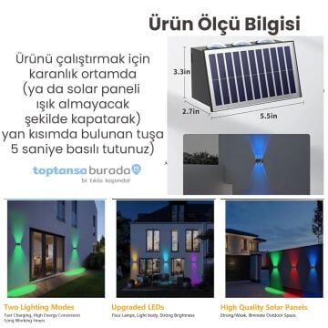 TechnoSmart 1Adet Güneş Enerjili Çift Taraflı 6 Ledli Aplik RGB Işık Duvar Lambası Bahçe Aydınlatma