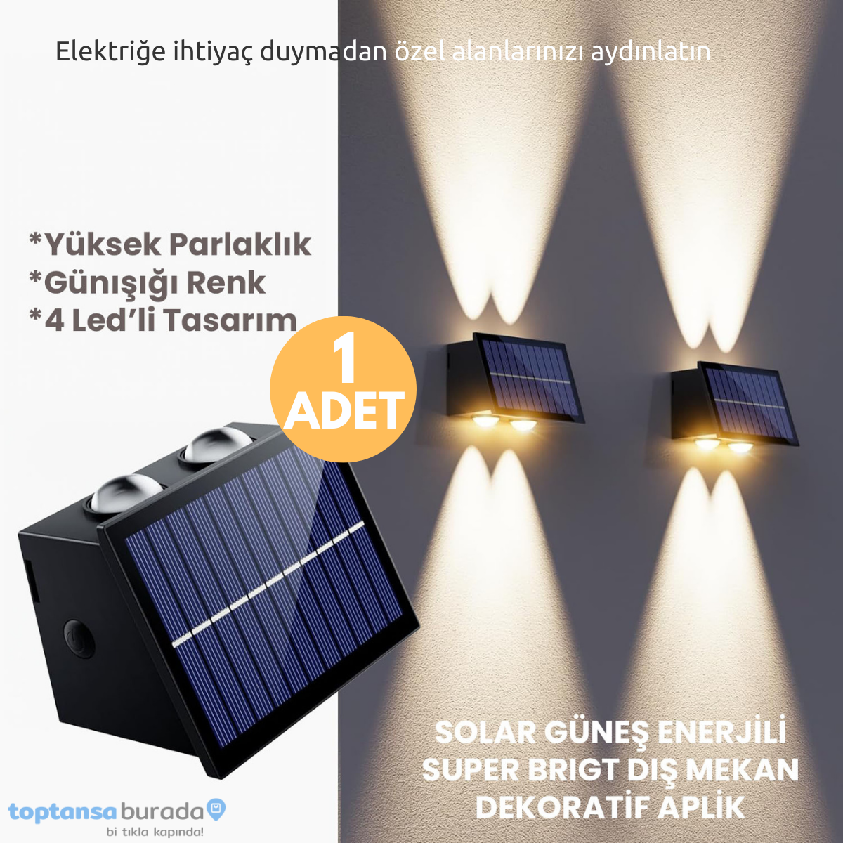 TechnoSmart 1Adet Güneş Enerjili Çift Taraflı 4 Ledli Aplik Sarı Işık Duvar Lambası Bahçe Aydınlatma