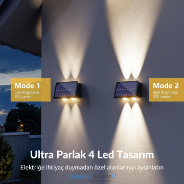 TechnoSmart 1Adet Güneş Enerjili Çift Taraflı 4 Ledli Aplik Sarı Işık Duvar Lambası Bahçe Aydınlatma