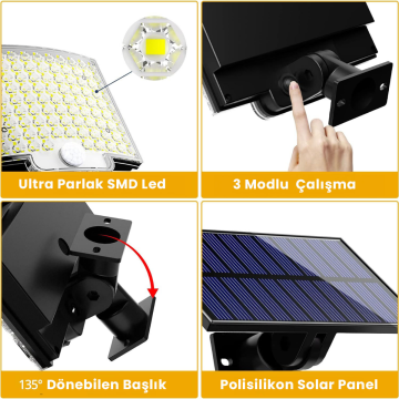 TechnoSmart Solar Güneş Enerjili 110 Ledli Kumandalı Hareket Sensörlü 3 Modlu Bahçe Aydınlatma Lamba