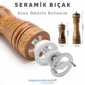 TechnoSmart Premium Kalite 2liSet 14cm+22cm Doğal Ahşap Değirmen Baharat Öğütücü Karabiber Tuz Kahve