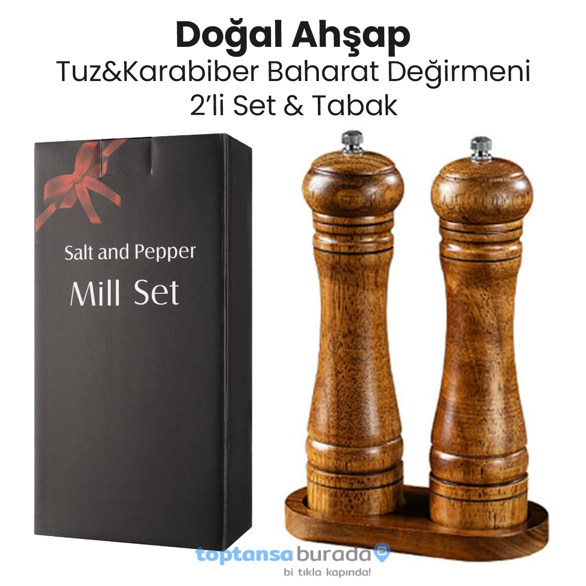 TechnoSmart Premium Kalite 2li 22cm Tabaklı Doğal Ahşap Değirmen Baharat Öğütücü Karabiber Tuz Kahve