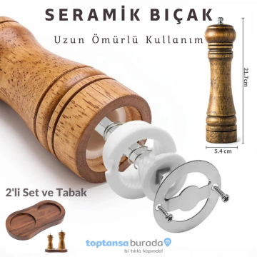 TechnoSmart Premium Kalite 2li 22cm Tabaklı Doğal Ahşap Değirmen Baharat Öğütücü Karabiber Tuz Kahve