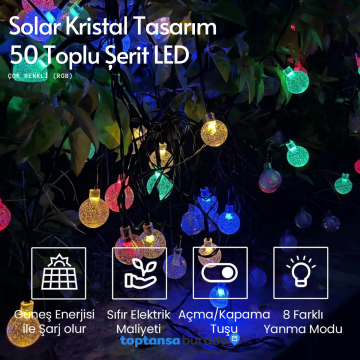 TechnoSmart 50 Ledli RGB ışık 8 Modlu Solar Kristal Top Bahçe Aydınlatma Dekorasyon Güneş Enerjili