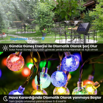 TechnoSmart 50 Ledli RGB ışık 8 Modlu Solar Kristal Top Bahçe Aydınlatma Dekorasyon Güneş Enerjili