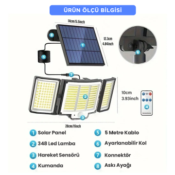 TechnoSmart Solar Güneş Enerjili 348 Ledli Kumandalı Hareket Sensörlü 3 Modlu Bahçe Aydınlatma Lamba
