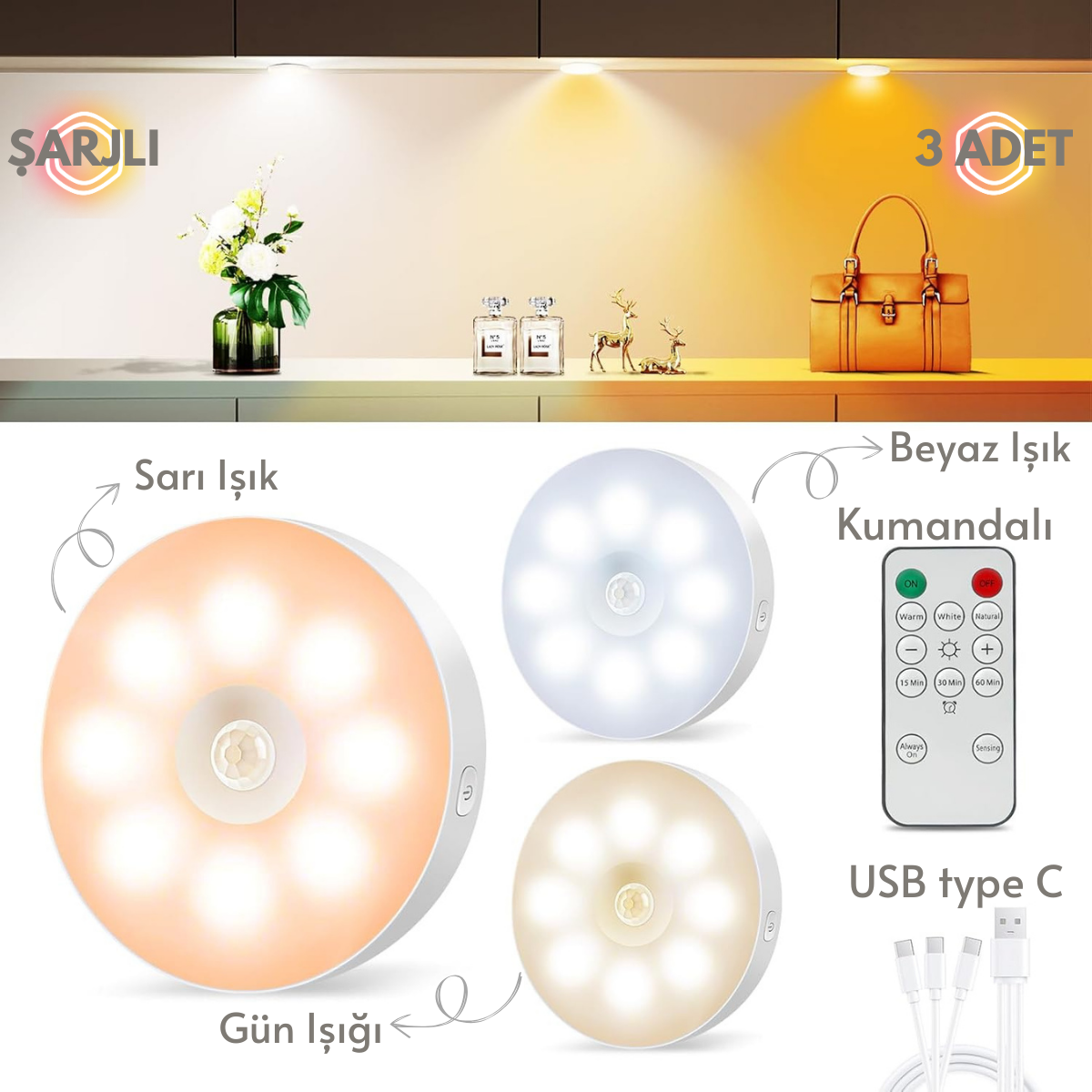 TechnoSmart Şarj Edilebilir Kumandalı 3 lü Spot Led Işık Lamba Hareket Sensörlü 3 Renkli Yanabilme