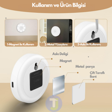 TechnoSmart Şarj Edilebilir Kumandalı 3 lü Spot Led Işık Lamba Hareket Sensörlü 3 Renkli Yanabilme