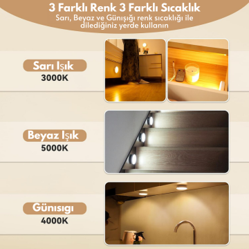 TechnoSmart Şarj Edilebilir Kumandalı 3 lü Spot Led Işık Lamba Hareket Sensörlü 3 Renkli Yanabilme