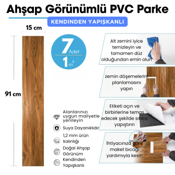 TechnoSmart 7Adet 15cm×91cm Kendinden Yapışkanlı LVT Laminant Görünümlü Zemin Kaplama Mutfak Karo