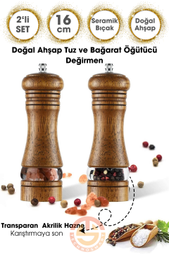 TechnoSmart Premium 2 Adet 16cm Doğal Ahşap Değirmen & Akrilik Şeffaf Baharat Öğütücü Karabiber Tuz