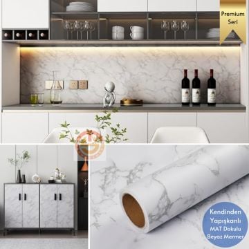 TechnoSmart 60x500cm Mat Mermer Desenli Kendinden Yapışkanlı Duvar Kağıdı Kaplama Mutfak Masa Folyo Beyaz