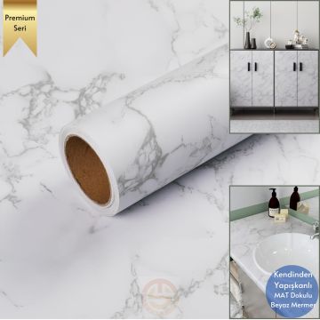 TechnoSmart 60x500cm Mat Mermer Desenli Kendinden Yapışkanlı Duvar Kağıdı Kaplama Mutfak Masa Folyo Beyaz