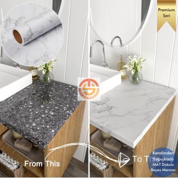 TechnoSmart 60x500cm Mat Mermer Desenli Kendinden Yapışkanlı Duvar Kağıdı Kaplama Mutfak Masa Folyo Beyaz