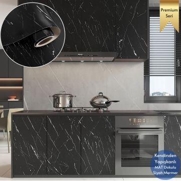 TechnoSmart 60x500cm Mat Mermer Desenli Kendinden Yapışkanlı Duvar Kağıdı Kaplama Mutfak Masa Folyo Siyah