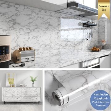 TechnoSmart 60x500cm Mermer Desen Kendinden Yapışkanlı Duvar Kağıdı Kaplama Mutfak Tezgeh Masa Folyo Beyaz