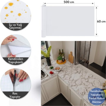 TechnoSmart 60x500cm Mermer Desen Kendinden Yapışkanlı Duvar Kağıdı Kaplama Mutfak Tezgeh Masa Folyo Beyaz