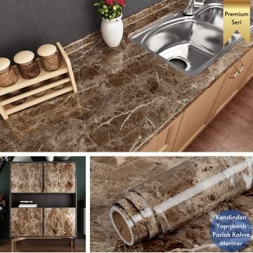 TechnoSmart 60x500cm Mermer Desen Kendinden Yapışkanlı Duvar Kağıdı Kaplama Mutfak Tezgeh Masa Folyo Kahverengi