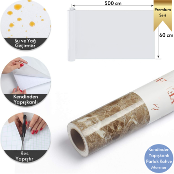 TechnoSmart 60x500cm Mermer Desen Kendinden Yapışkanlı Duvar Kağıdı Kaplama Mutfak Tezgeh Masa Folyo Kahverengi