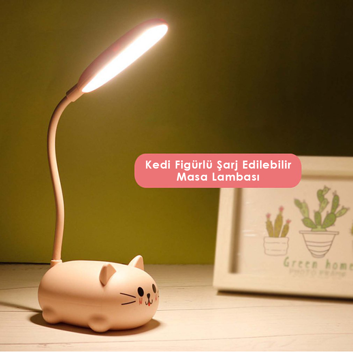 TechnoSmart Usbli Kedi Figürlü Masa Lambası Hediyelik Gece Lambası Şarj edilebilir Çocuklar için Pembe