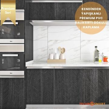 TechnoSmart 60×500cm Kendinden Yapışkanlı Balıksırtı Desenli Premium Duvar Kağıdı Masa Dolap Kaplama Antrasit
