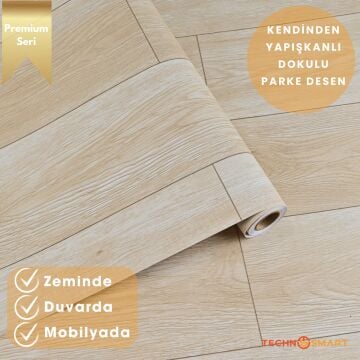 TechnoSmart 60×500cm Kendinden Yapışkanlı Parke Görünümlü Premium Zemin Duvar Kağıdı Dolap Kaplama Vizon