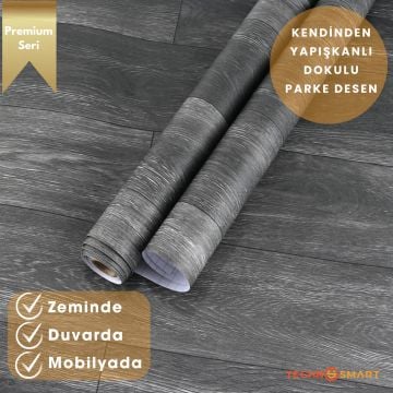 TechnoSmart 60×500cm Kendinden Yapışkanlı Parke Görünümlü Premium Zemin Duvar Kağıdı Dolap Kaplama Antrasit